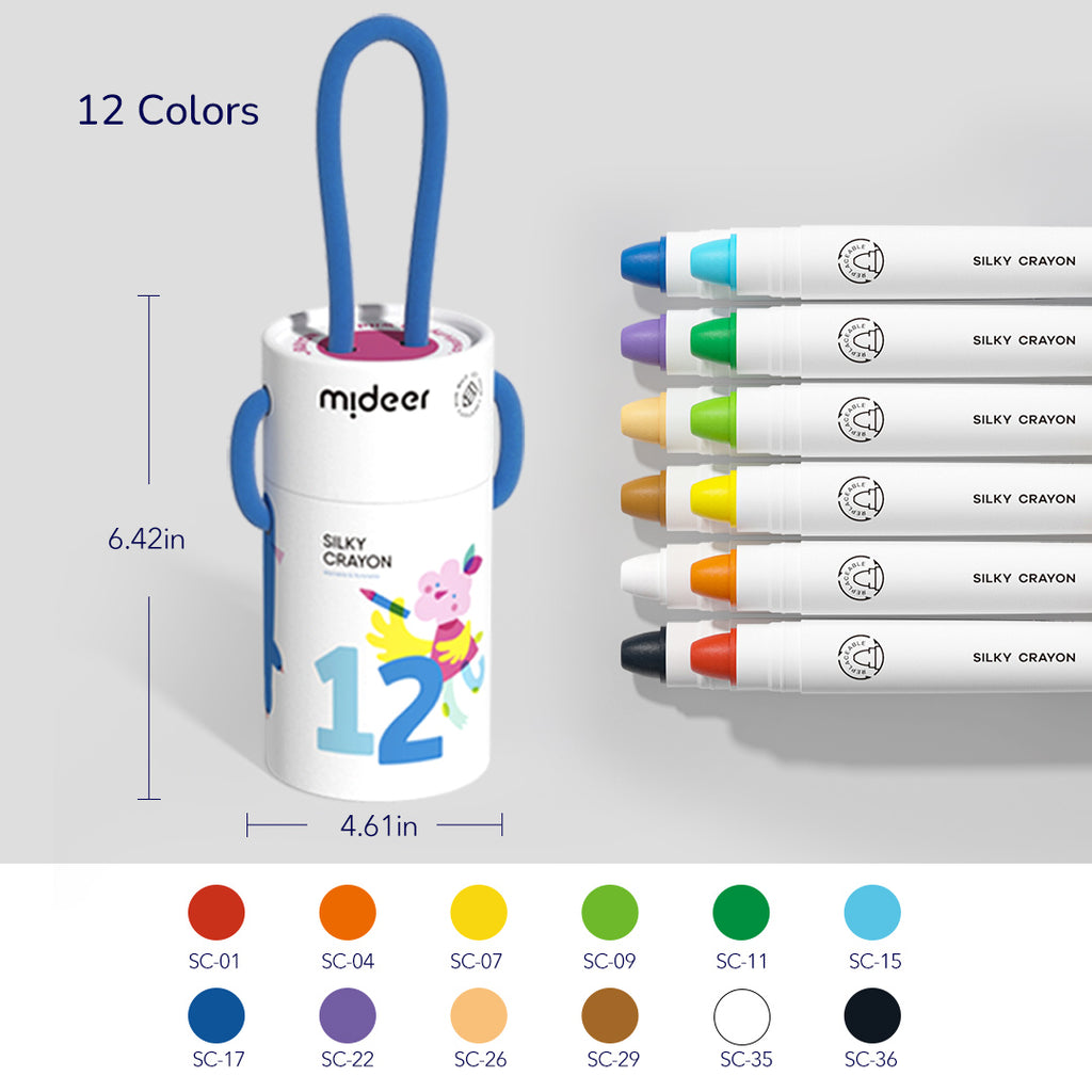 Refillable Silky Crayons - Colorful Bucket, 12 Colors