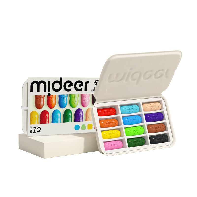 Open case with all 12 Mideer Pease Crayons